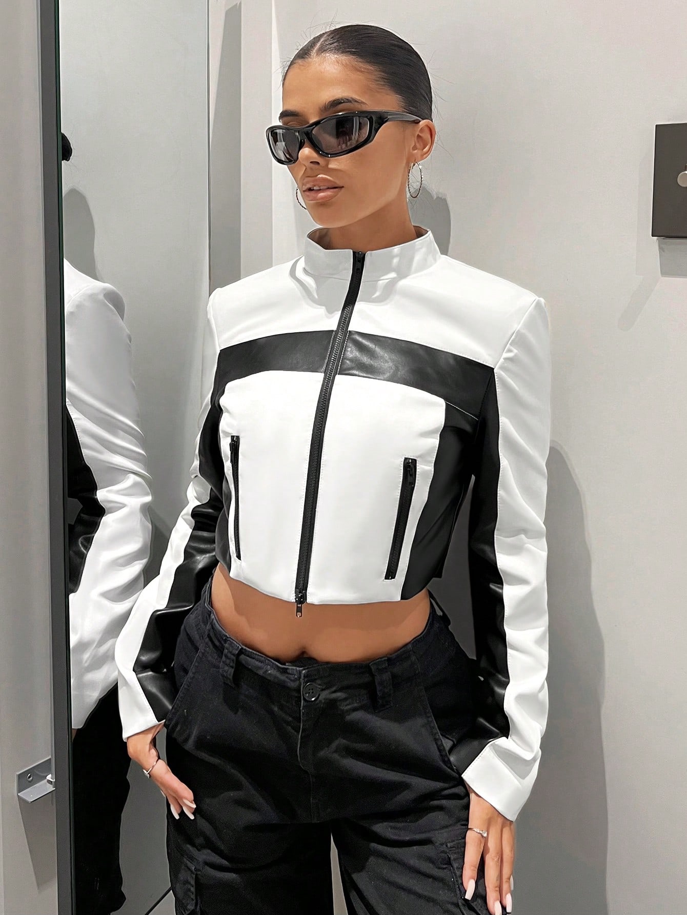 Bikercore Colorblock Zip Up Crop Jacket