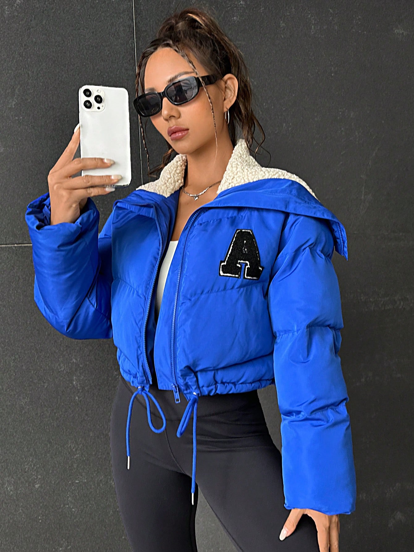 Letter Patched Drawstring Hem Puffer Coat