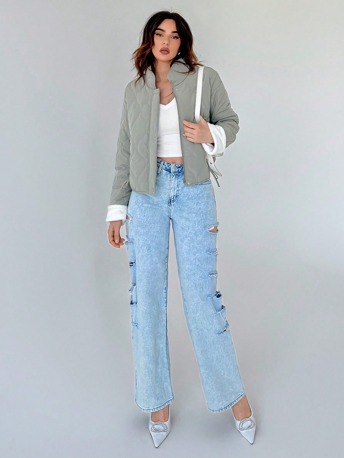 Contrast Cuff Zip Up Puffer Coat