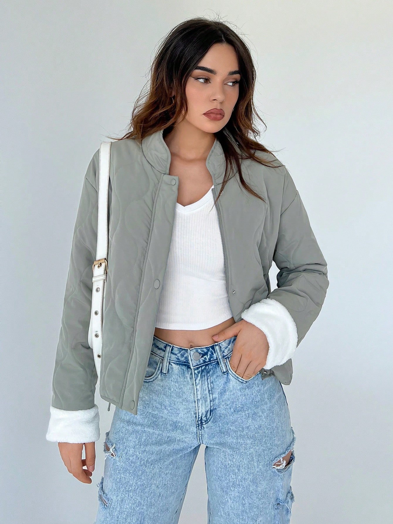 Contrast Cuff Zip Up Puffer Coat