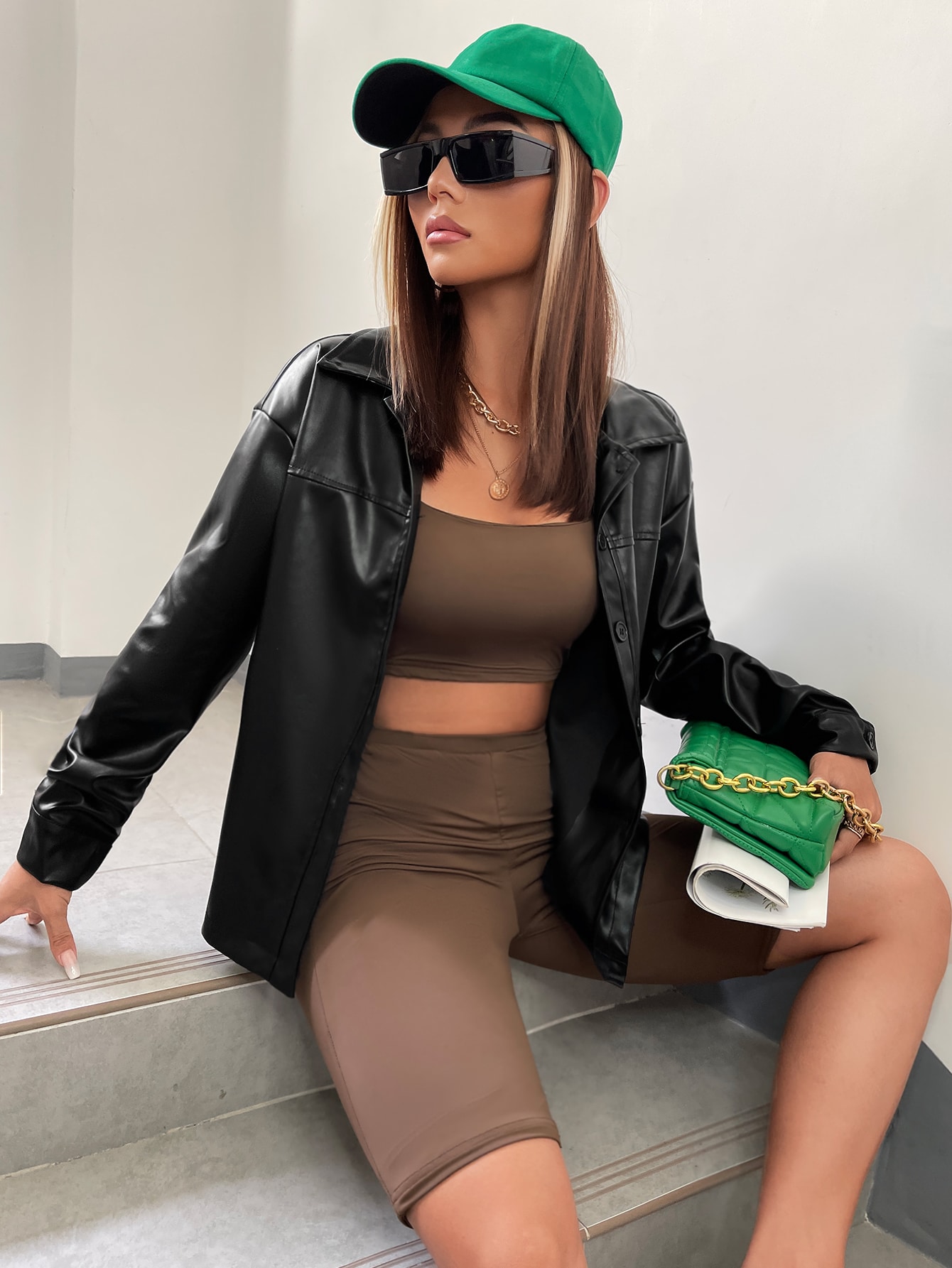 Drop Shoulder Button Front PU Jacket