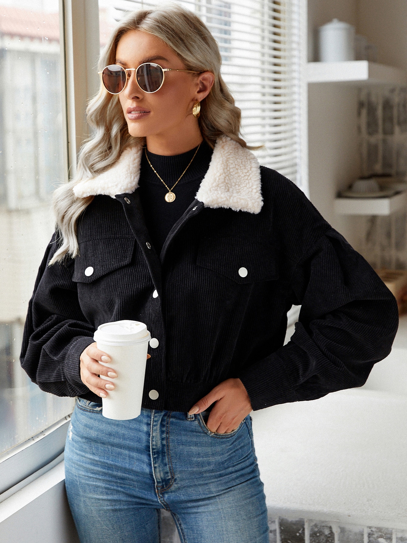 Frenchy Borg Collar Drop Shoulder Corduroy Jacket