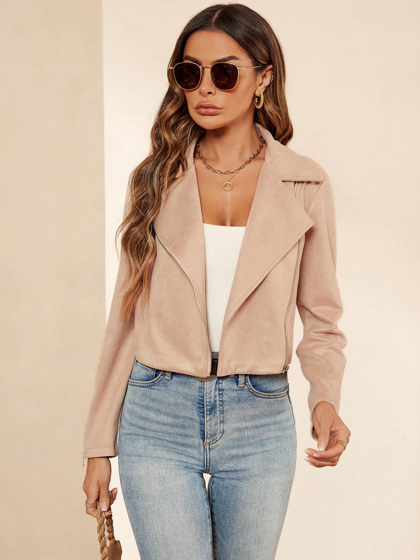 Lapel Neck Open Front Crop Jacket