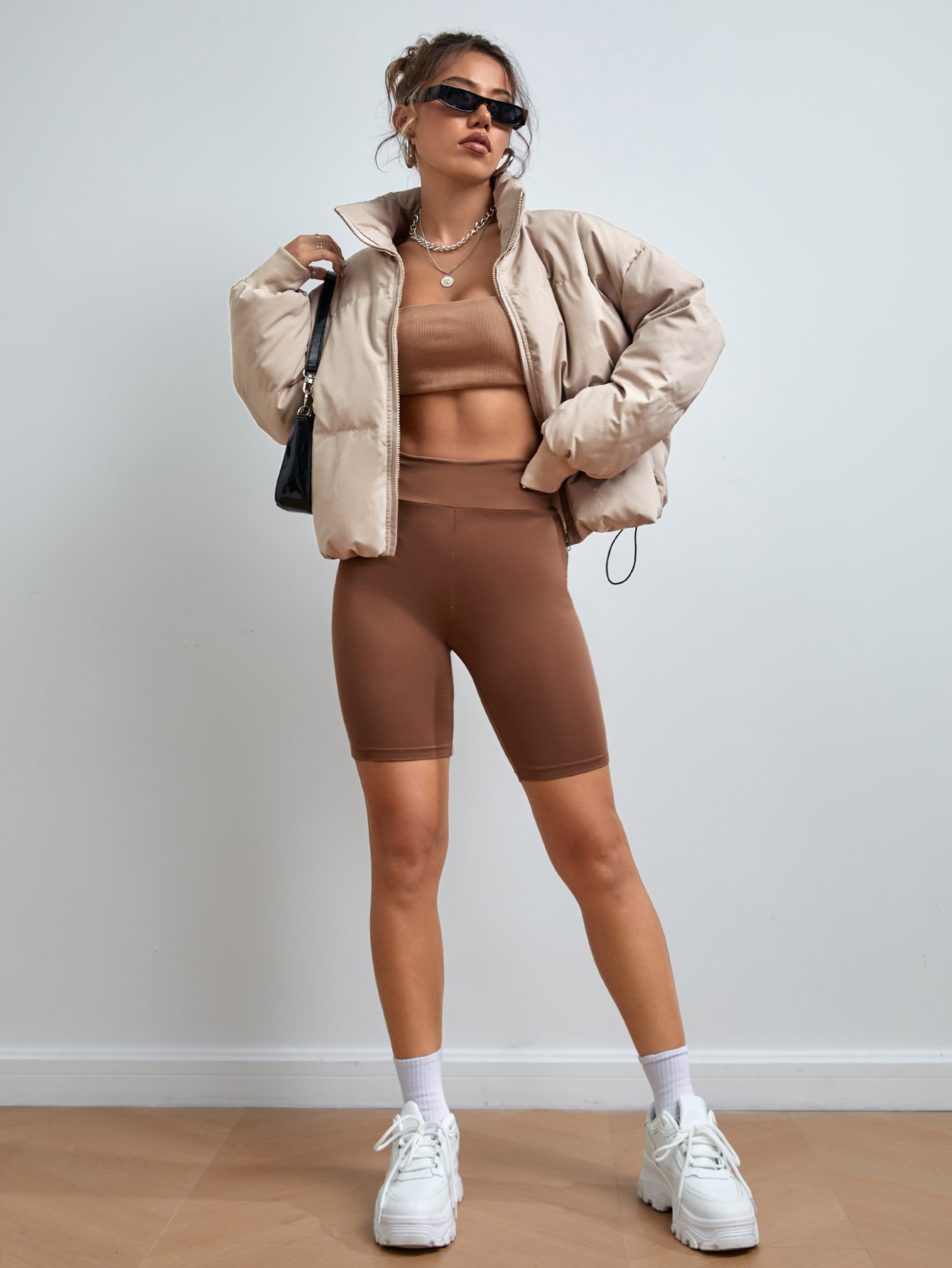 Drawstring Hem Drop Shoulder Zipper Puffer Coat