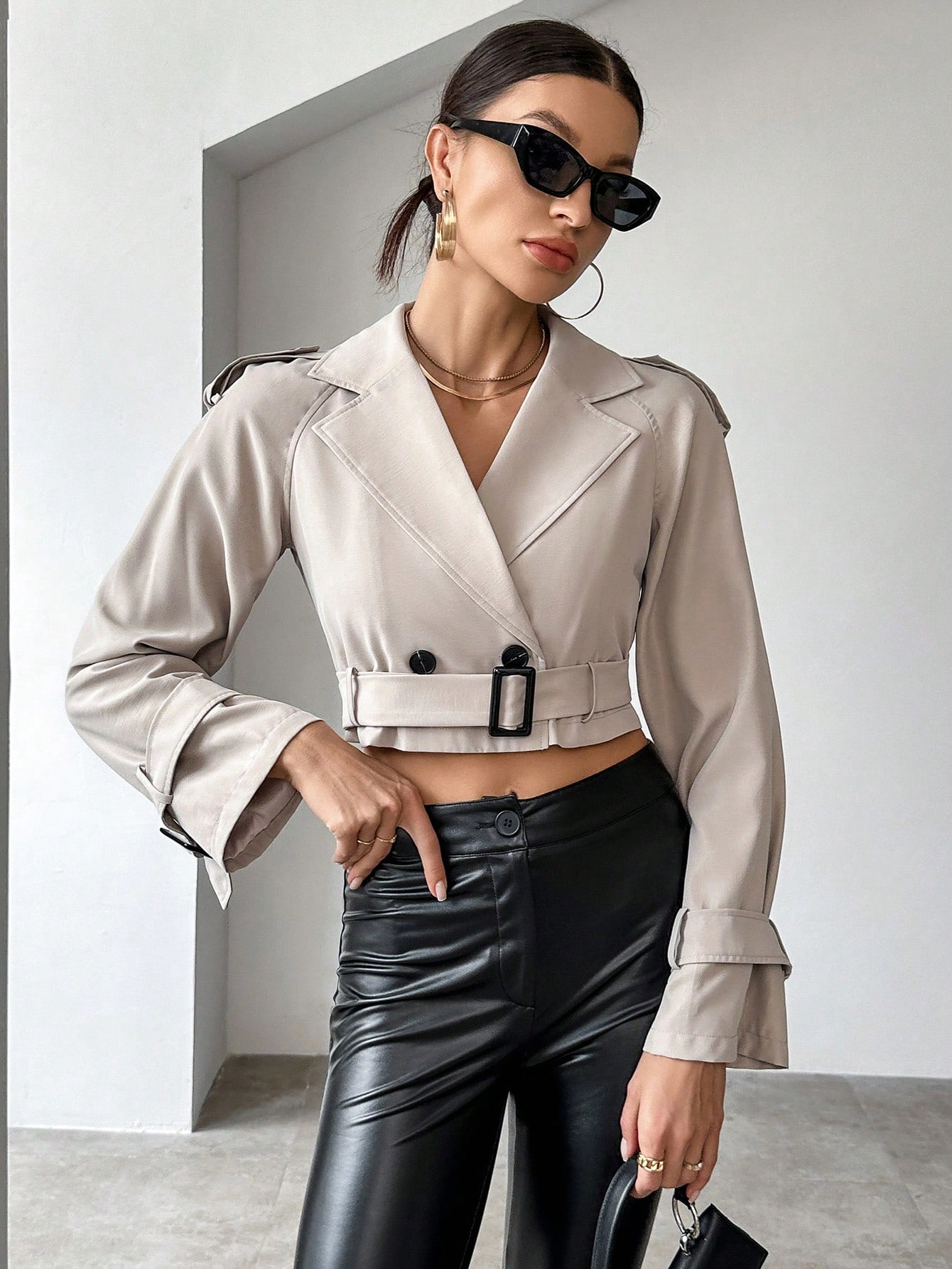 Lapel Neck Double Breasted Belted Crop Trench Coat