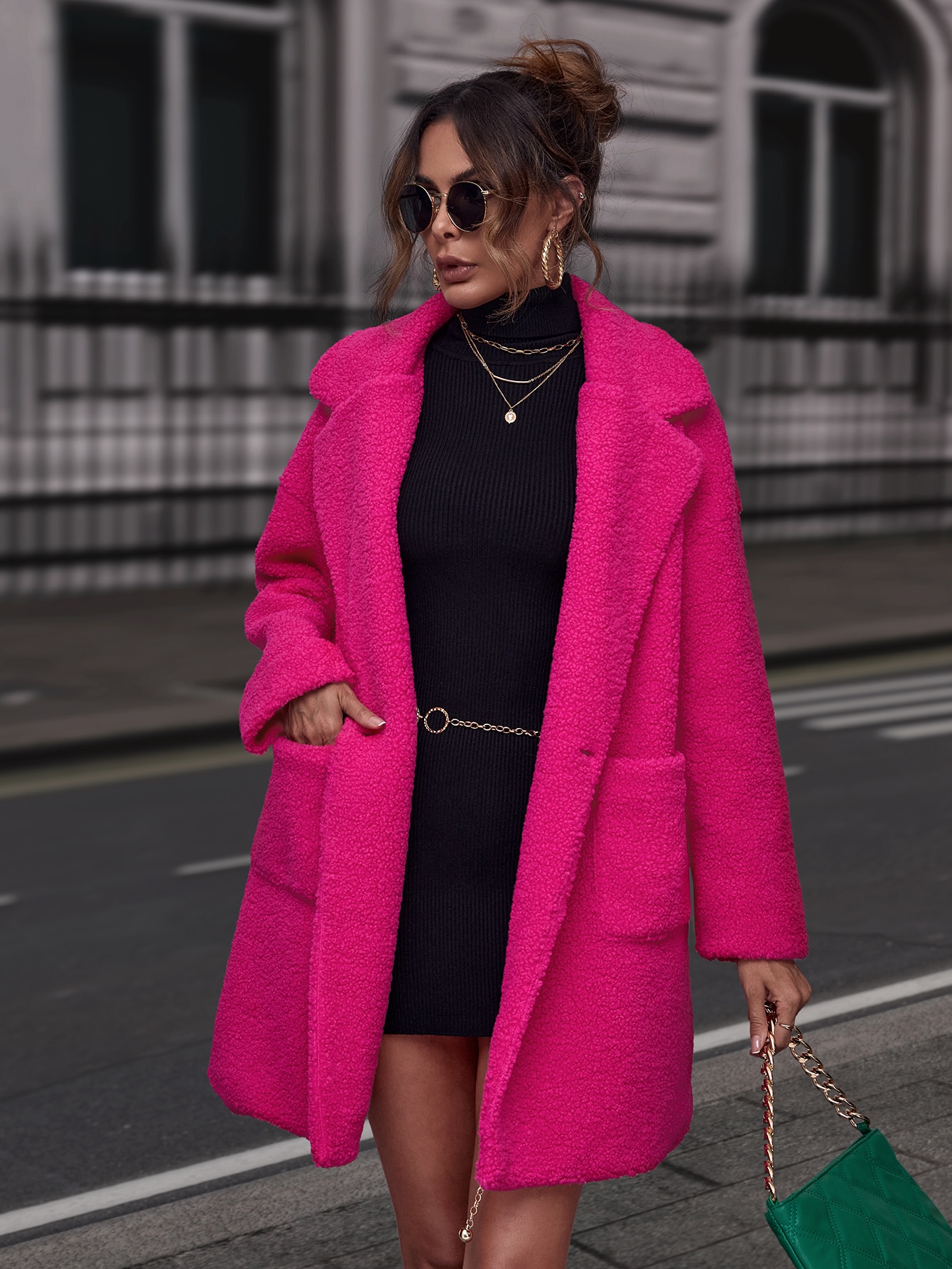 Dual Pocket Lapel Neck Teddy Coat