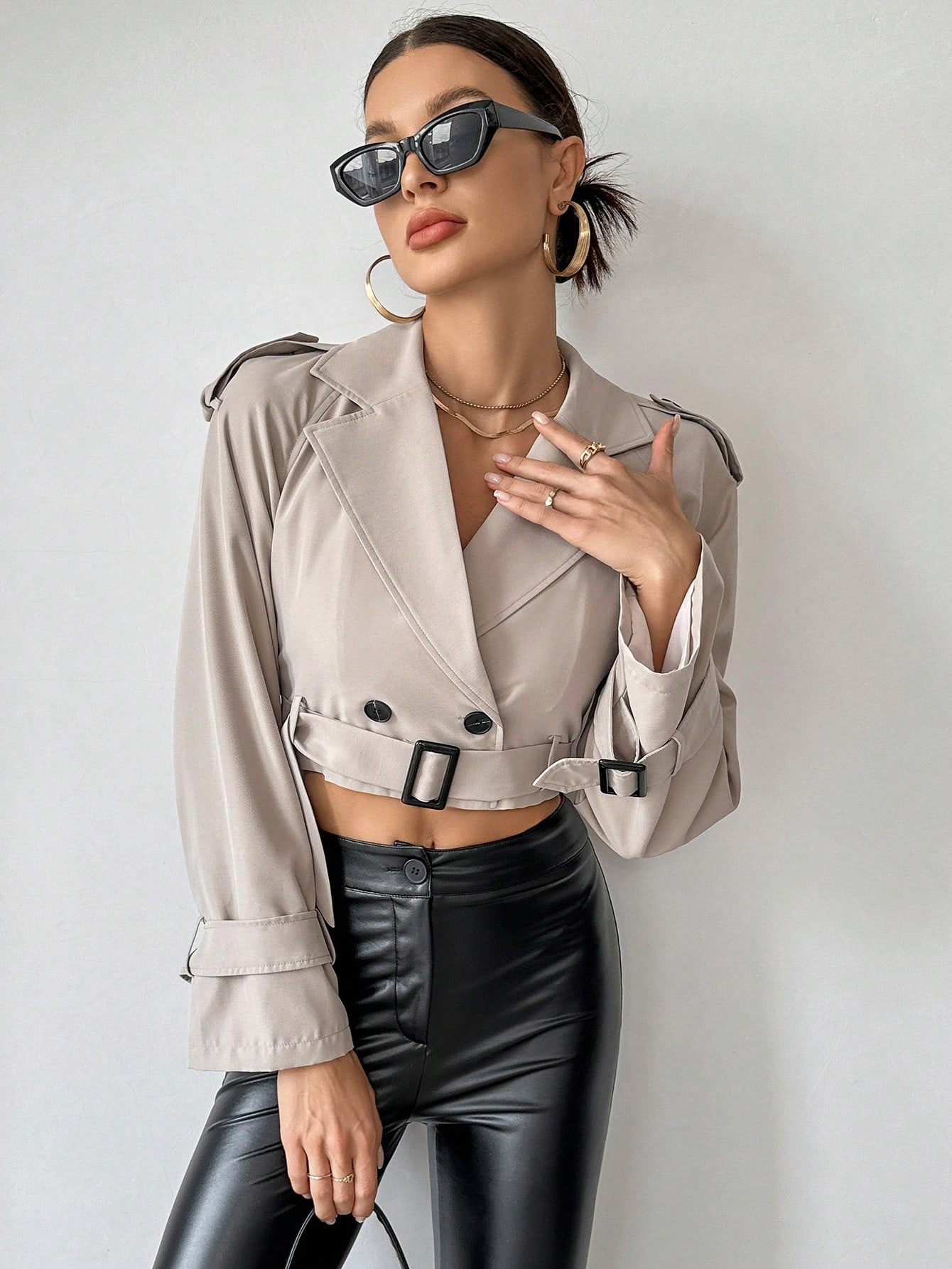 Lapel Neck Double Breasted Belted Crop Trench Coat