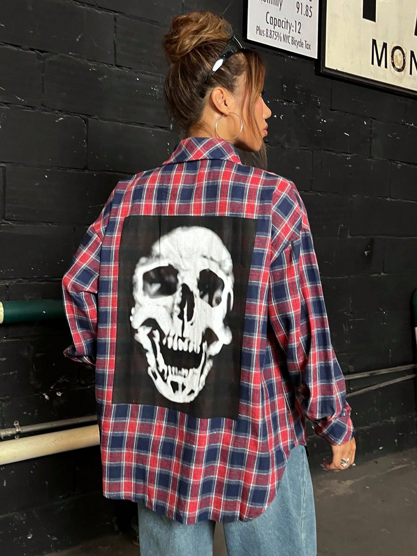 Halloween Skull Print Drop Shoulder Plaid Print Drop Shoulder Shacket