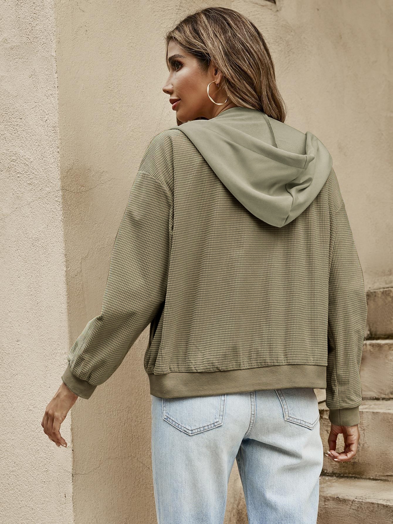 Slant Pockets Zip Up Drawstring Hooded 2 In 1 Jacket